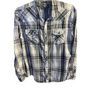 BKE Shirt Men’s XL Black/Gray/White Plaid LS Button Up Athletic Fit Western